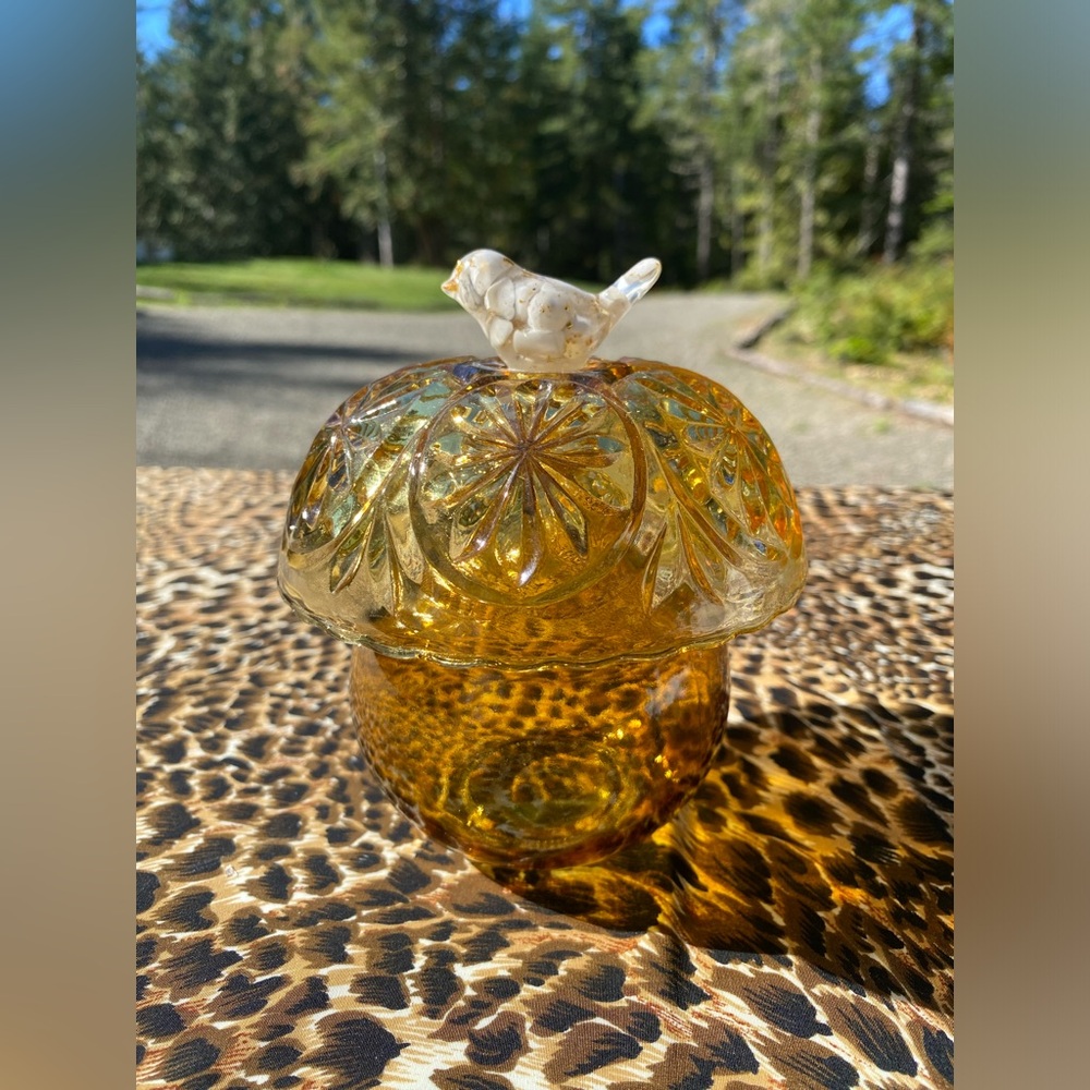 Vintage Amber Glass Mushroom Art with Bird (handmade)
